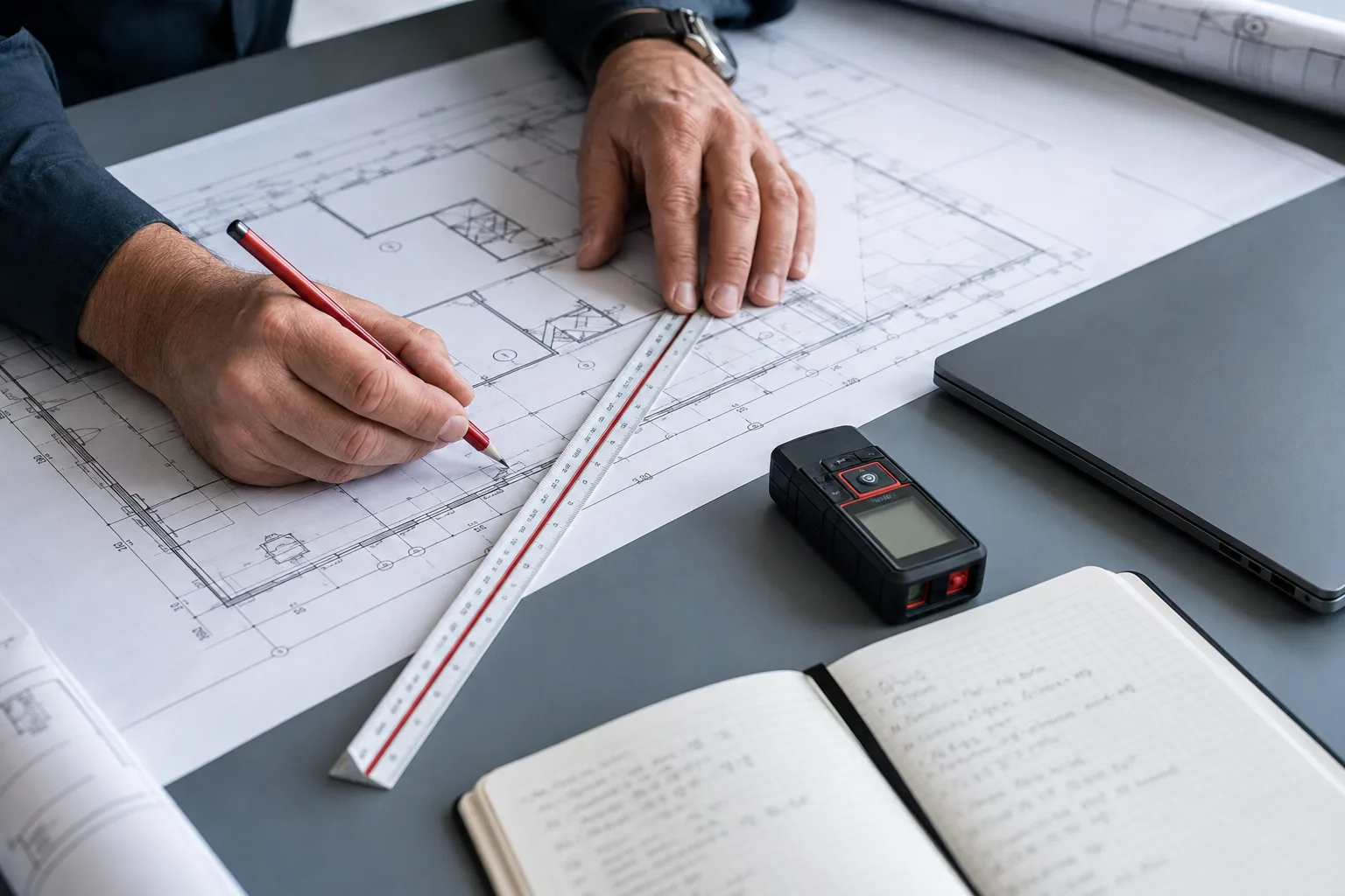 Illustration of a contractor reviewing plan dimensions with a scale ruler and quantity notes