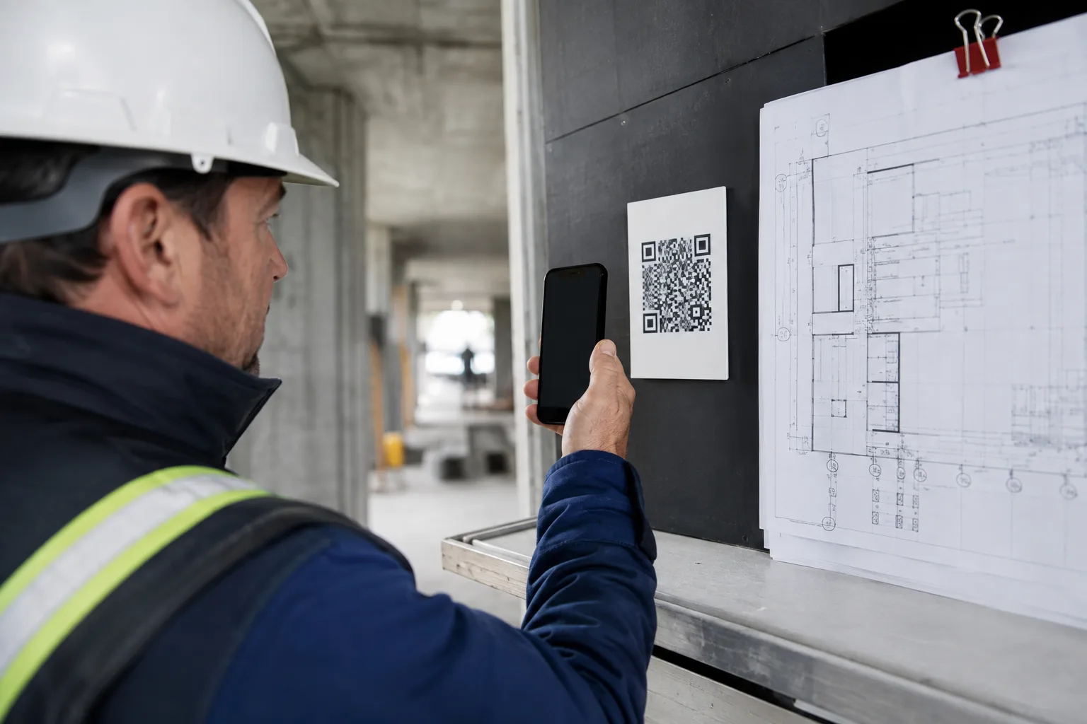 Illustration of a worker using a phone at a QR drawing station